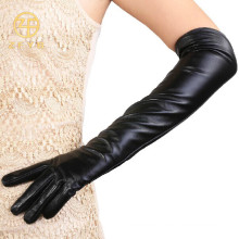 Señora moda color negro codo guantes de piel de oveja longitud del brazo